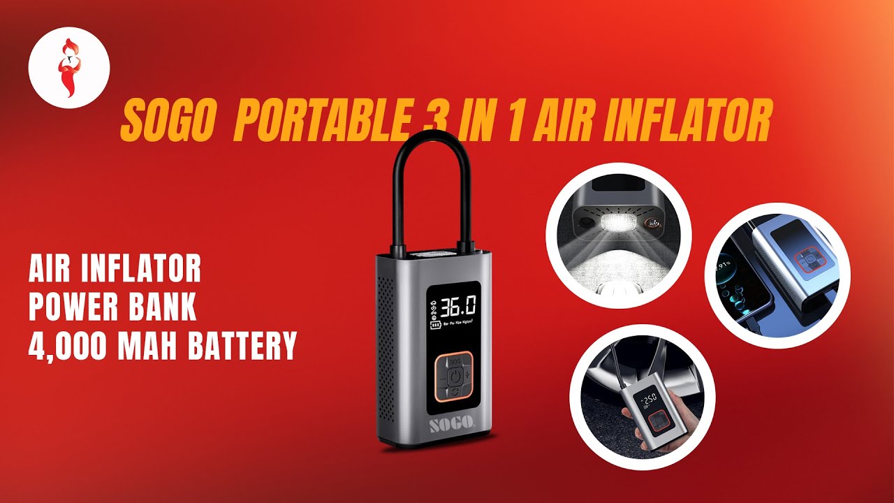 SOGO Portable 3 In 1 Electric Air Compressor & Power Bank With Led Light