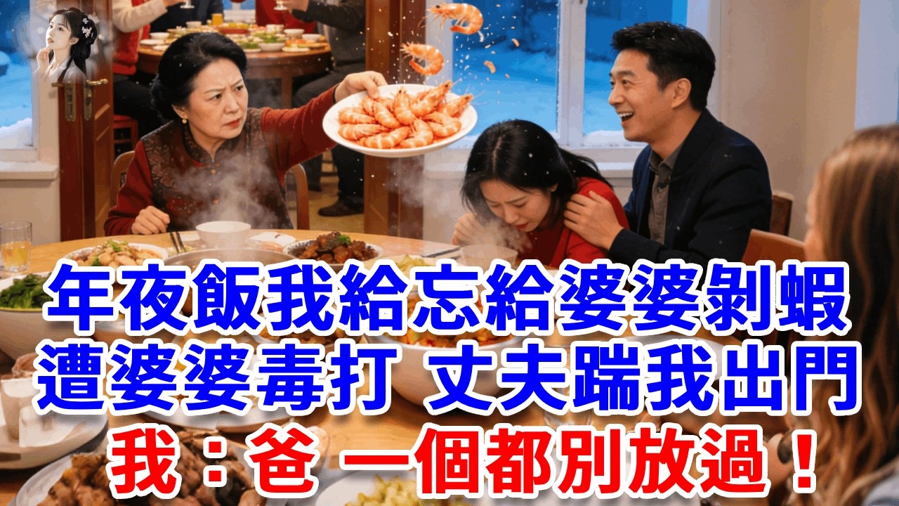 年夜飯我給忘給婆婆剝蝦，除夕夜遭婆婆毒打，丈夫把我踹出門外，我蜷在零下20度發抖，婆家大笑慶祝，我撥通電話：爸，一個都別放過！#詩涵講故事#為人處世#生活經驗#情感故事#晚年哲理#說故事#完結文#原創