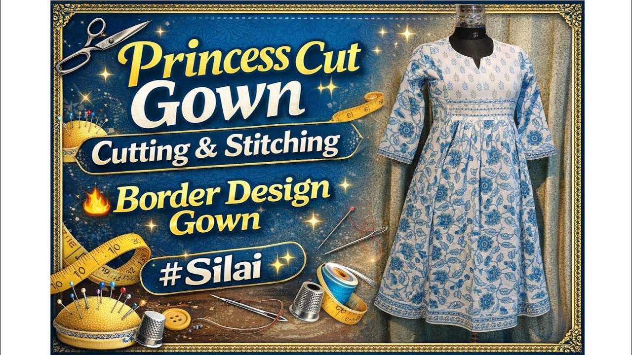 👉36 Size प्रिंसेस कट गाउन कटिंग और सिलाई | Princess Cut Gown with Border | Easy Sewing Tutorial
