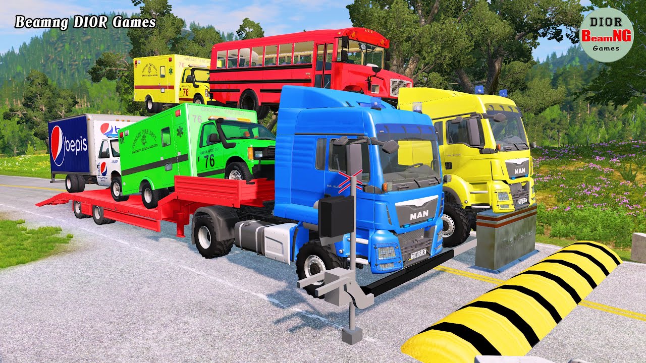 Double Flatbed Trailer Truck vs speed bumps|Busses vs speed bumps|Beamng Drive|1205