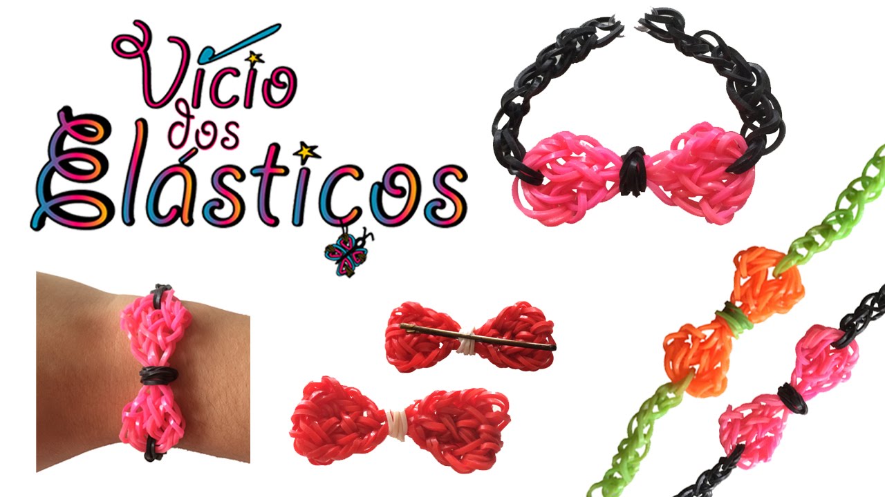 Como fazer Pulseira com Laço de elasticos (sem Tear) e laço para o cabelo - Rainbow Loom