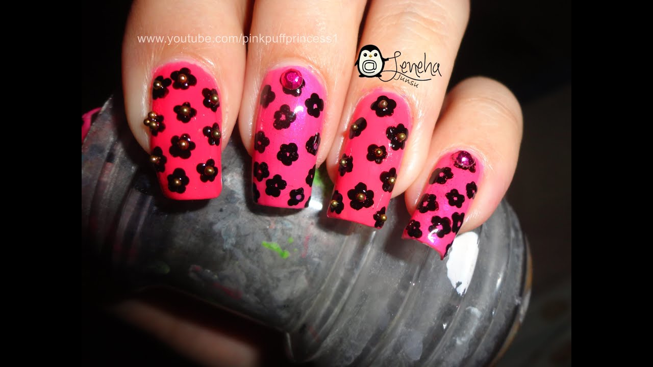 Small Black Flowers with Microbeads Nail Art Tutorial