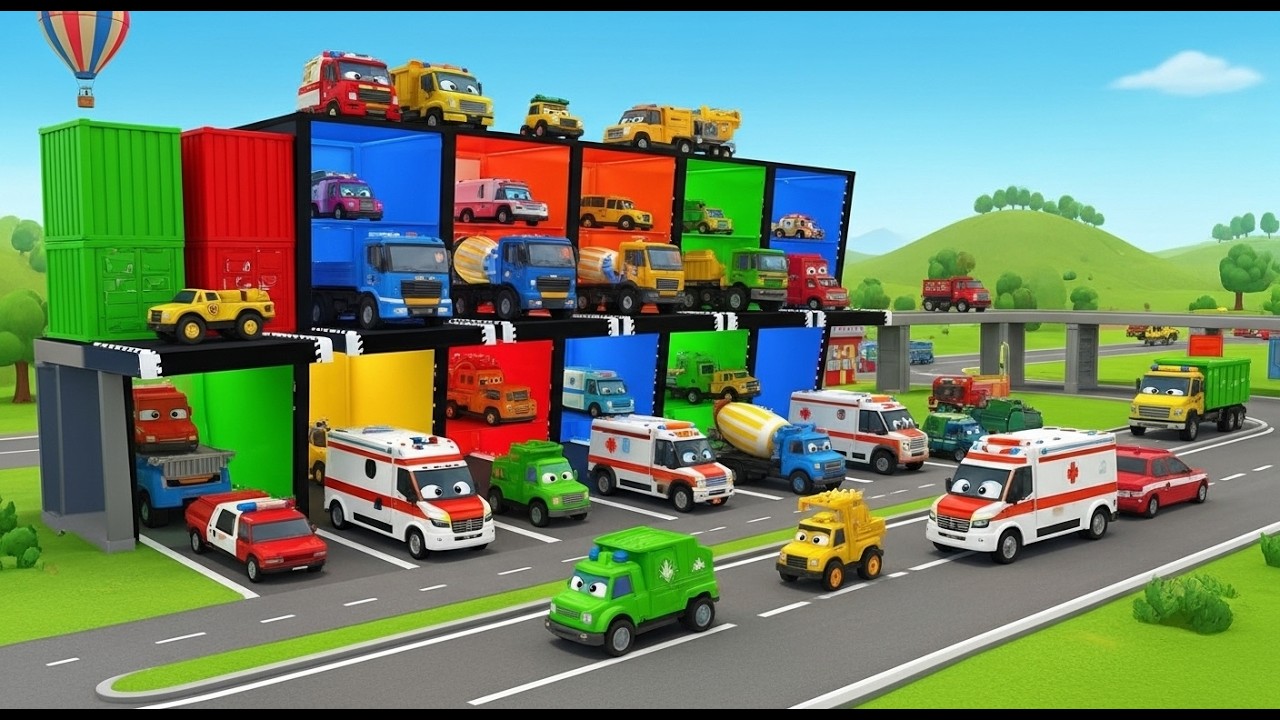 Garage with Colors 🚨 | MEGA MIXER, POLICE, PICK UP & AMBULANCE COLLECTION on DOUBLE TRAILER