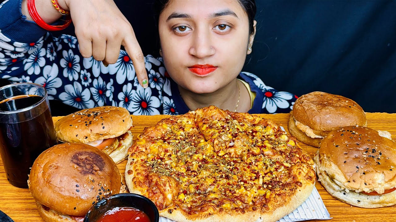 EATING DOMINOES CHEESE BURST CHEESE CORN PIZZA,CHEESY BURGER WITH COKE ASMR|DOMINOES MUKBANG|FOOD