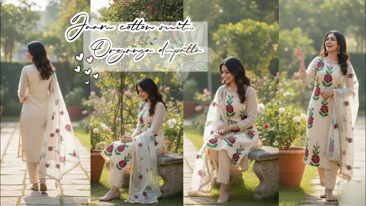 beautiful rose design||Jaam cotton suit with Organza dupatta💗🦋|| Fabric paint suit | dupatta design💗