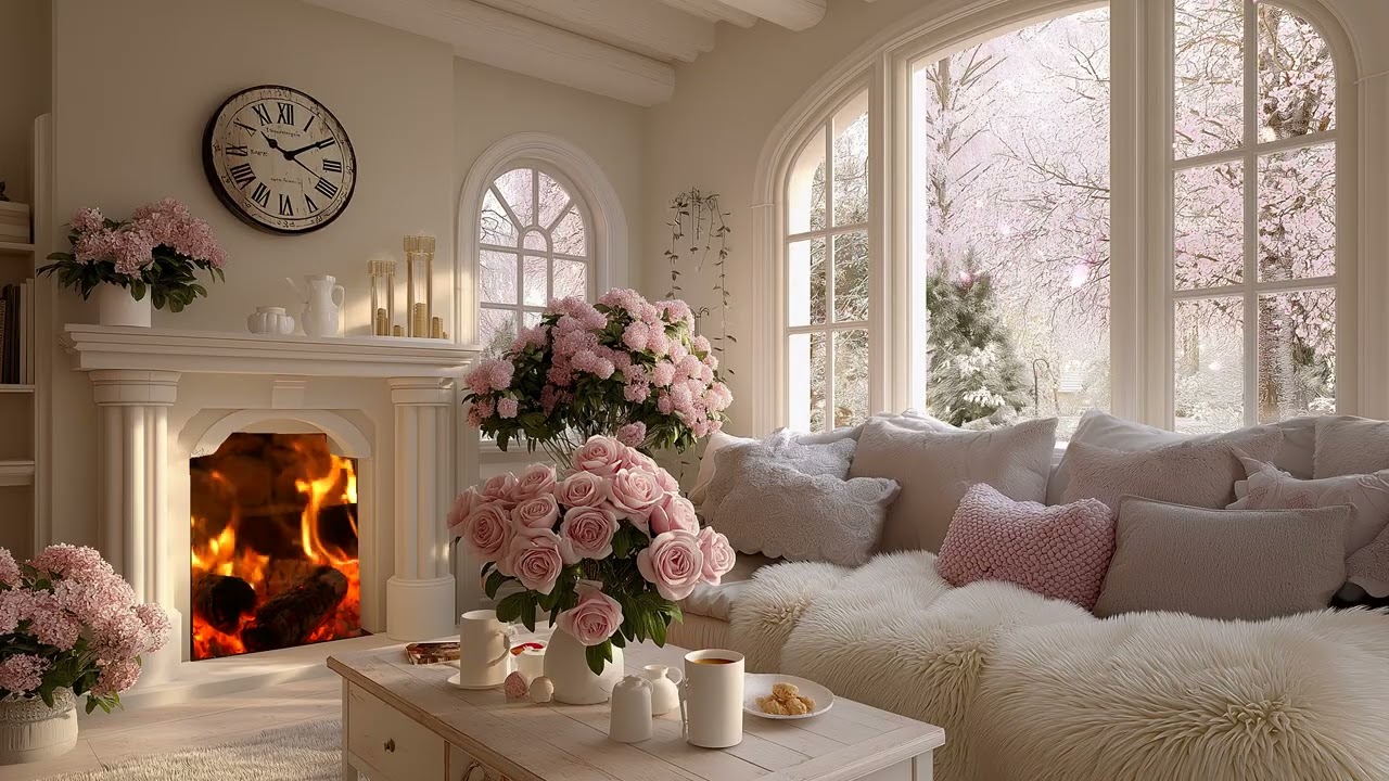 🎶🌸Springtime Piano Ambience | White Lounge with Falling Sakura | 3 Hours Calm Sleep Relax Meditation