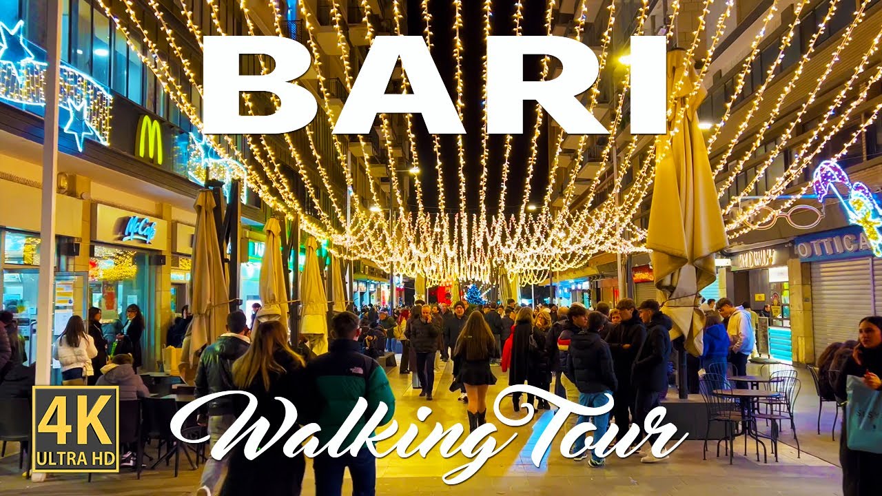 Festive Christmas in Bari, ITALY  - Night Walking Tour 4k Ultra HD