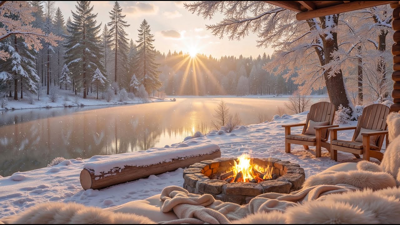Winter Riverside Cabin in Snowy Forest ❄️🔥 Soft Piano & Crackling Fire for Stress Relief