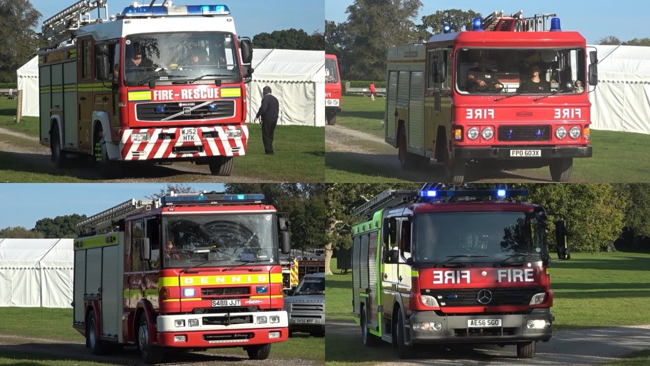 Multiple preserved fire engine leaving an event in burley