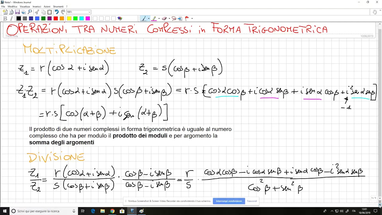 Operazioni tra numeri complessi in forma trigonometrica