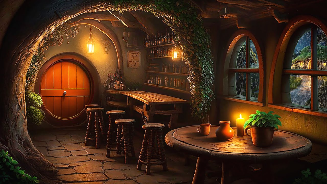 Stormy Night in Hobbiton - Cozy Hobbit Pub During Rainstorm ⛈️ Heavy Rain & Thunder Sounds for Sleep