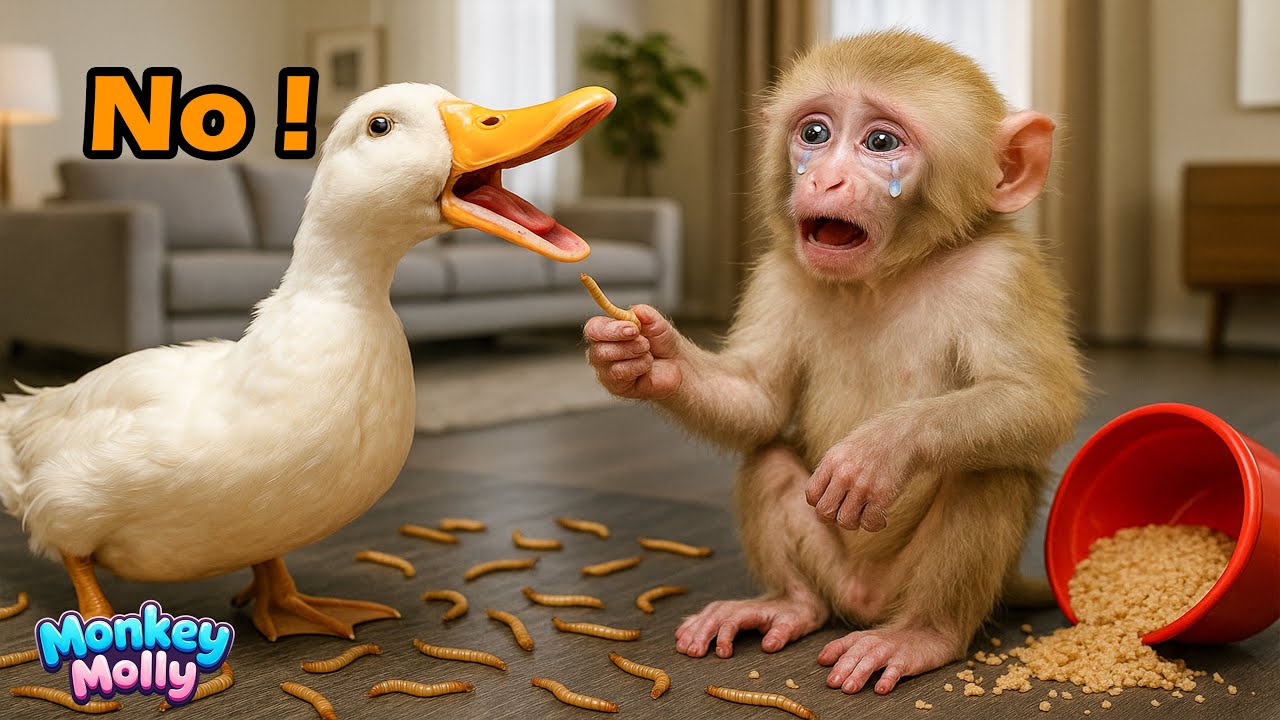 Monkey Molly cries when her poor duck refuses to eat
