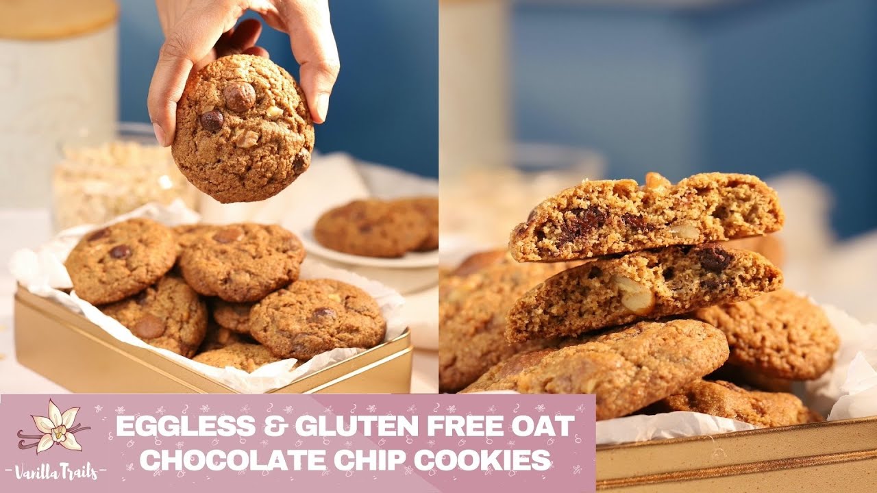 Easy Eggless Walnut Chocolate Chip Cookies made with Oats. Gluten free & refined sugar free.