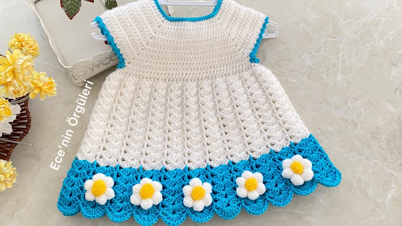 Crochet Blue Love Baby Dress / Tığ işi Mavi Boncuk Bebek Elbisesi /6 ay