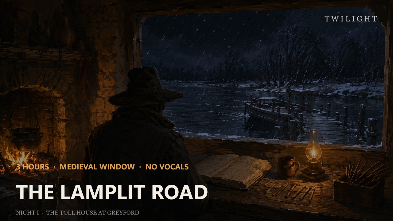 4K Medieval Window | Sleet, River, Fire | Winter Ambience for Sleep & Study | Lamplit Road Night I