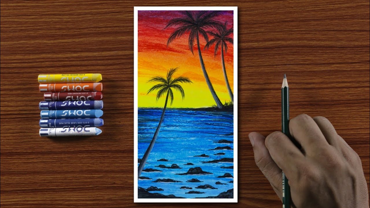 Easy Beautiful Beach Scenery Drawing for Beginners with Oil Pastels - Step by Step