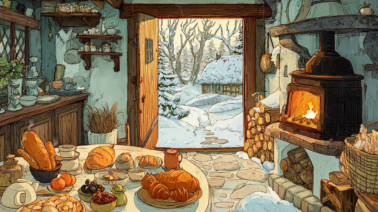 Nostalgic 1950s Winter Morning ❄️ Oldies Playing in Another Room | Cozy Fireplace Crackle