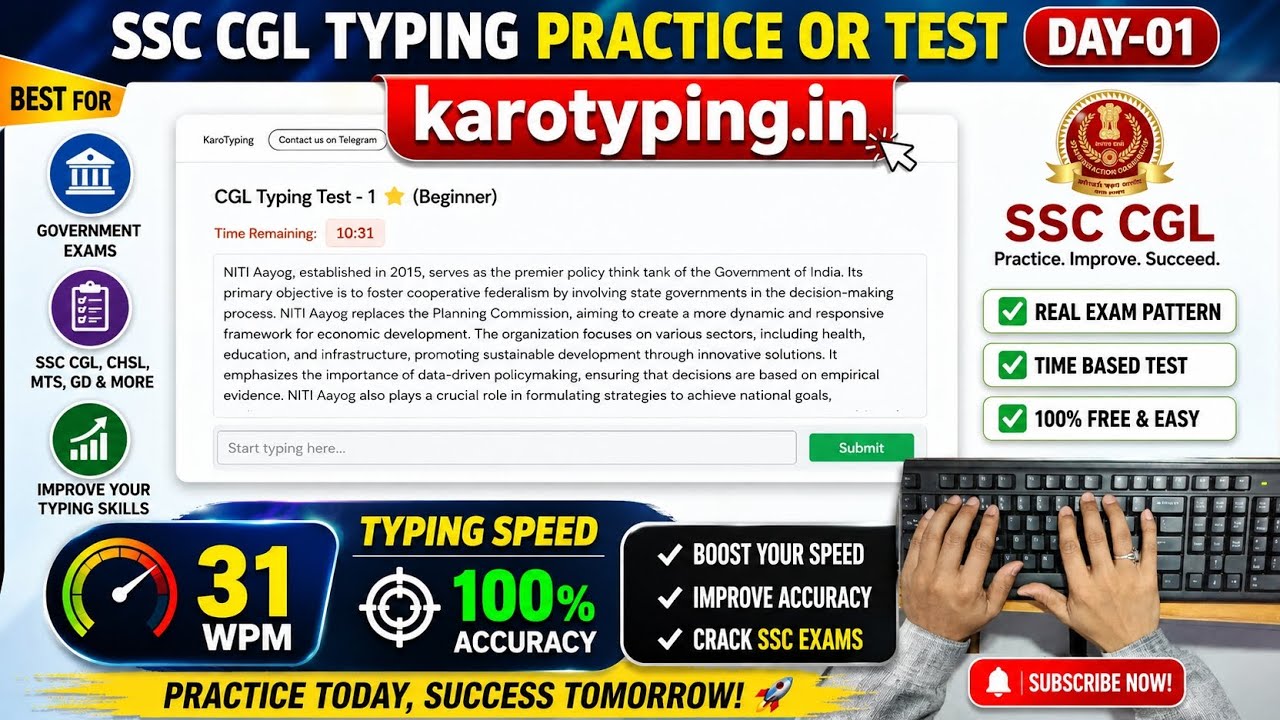 SSC CGL Typing Practice or Test Day-01| 31 WPM Typing speed with highAccuracy#ssc#mehratypingvlogs95
