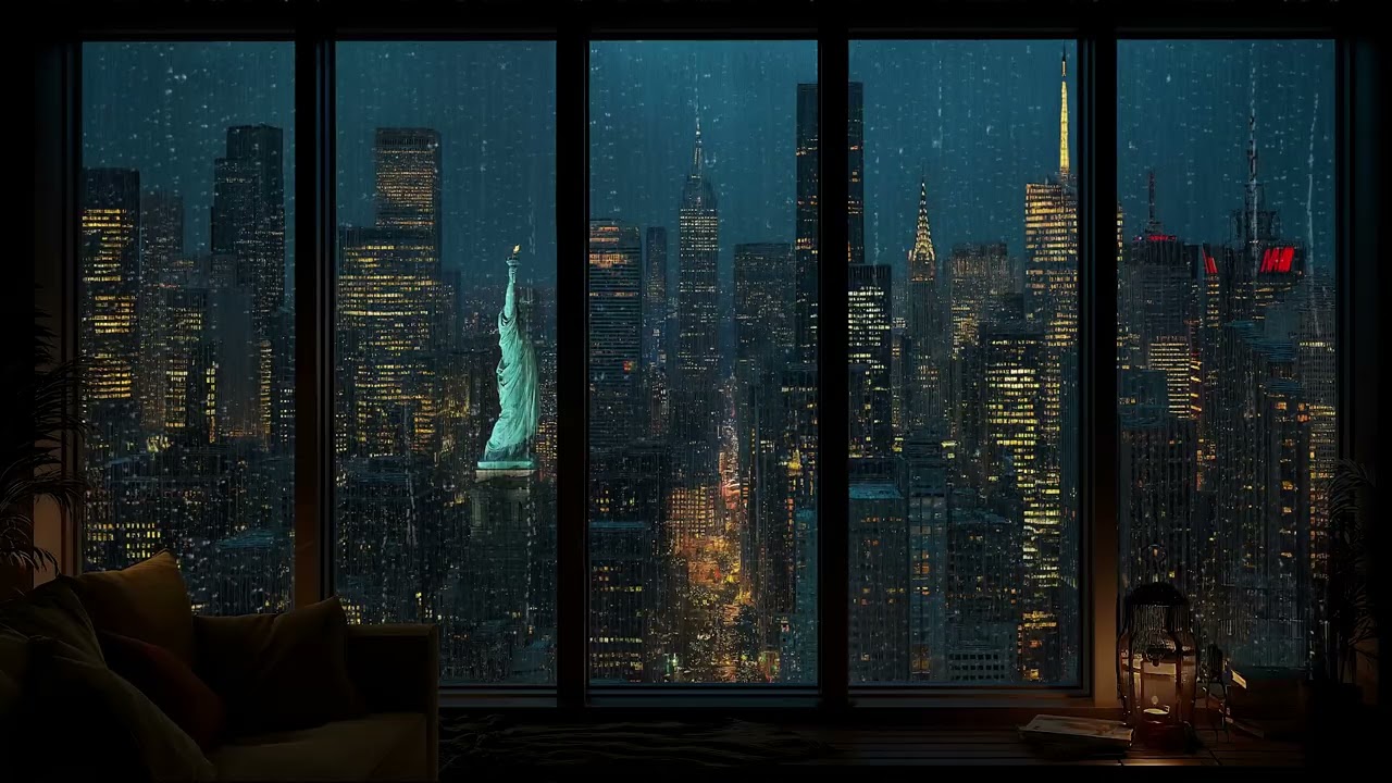 Peaceful Urban Rainfall Outside the Window with Street Reflections for Relaxation and Focus