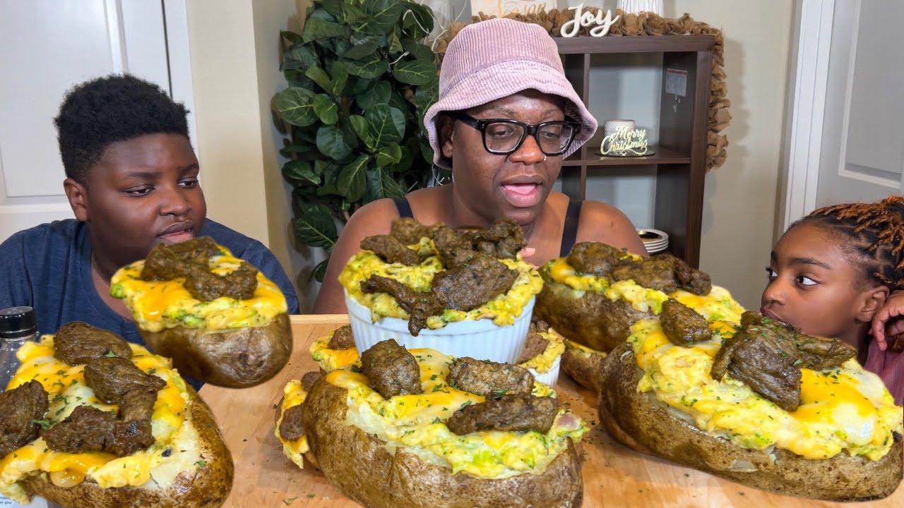 CHEESY NEW YORK STRIP STEAK BAKED POTATOES| MUKBANG EATING SHOW!