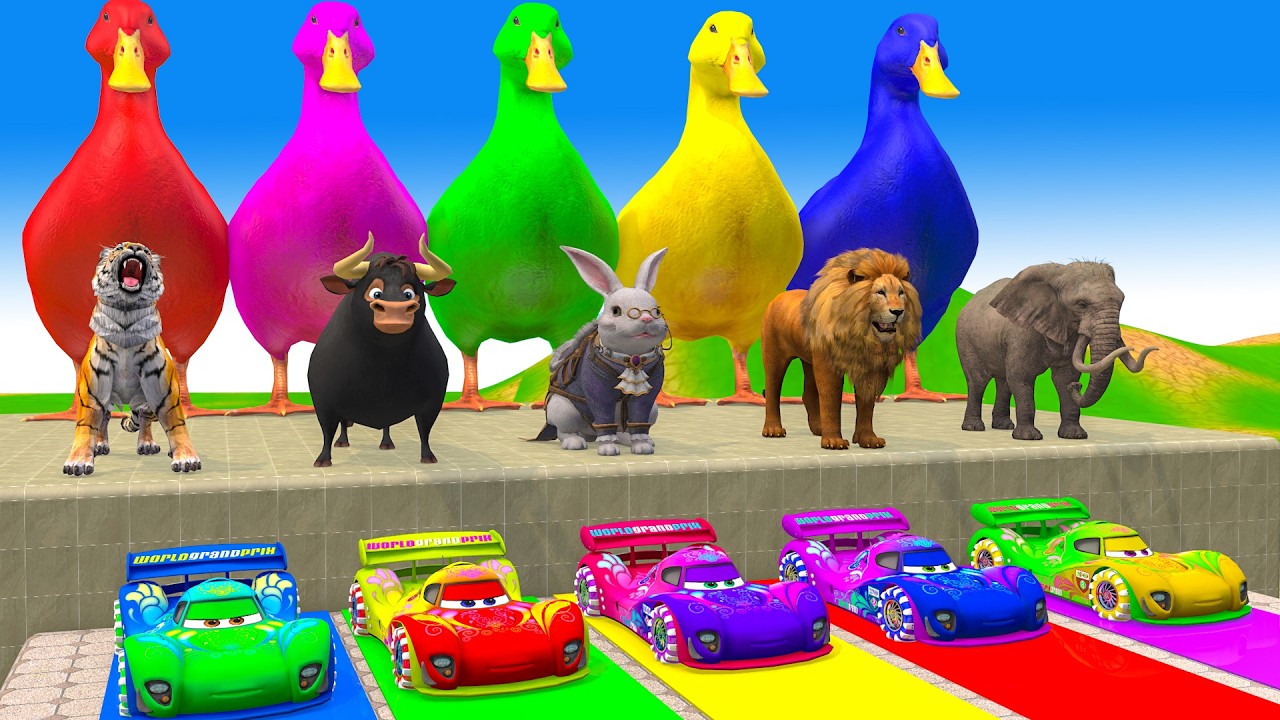 Long Slide Game With Cow Elephant Gorilla Hippopotamus Tiger - 3d Animal Game - Funny 3d Animals