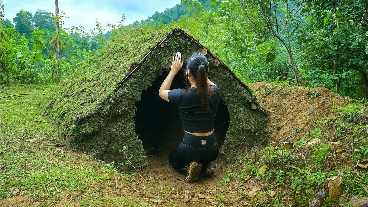 Building a Secret Moss-Covered Shelter Deep in the Forest