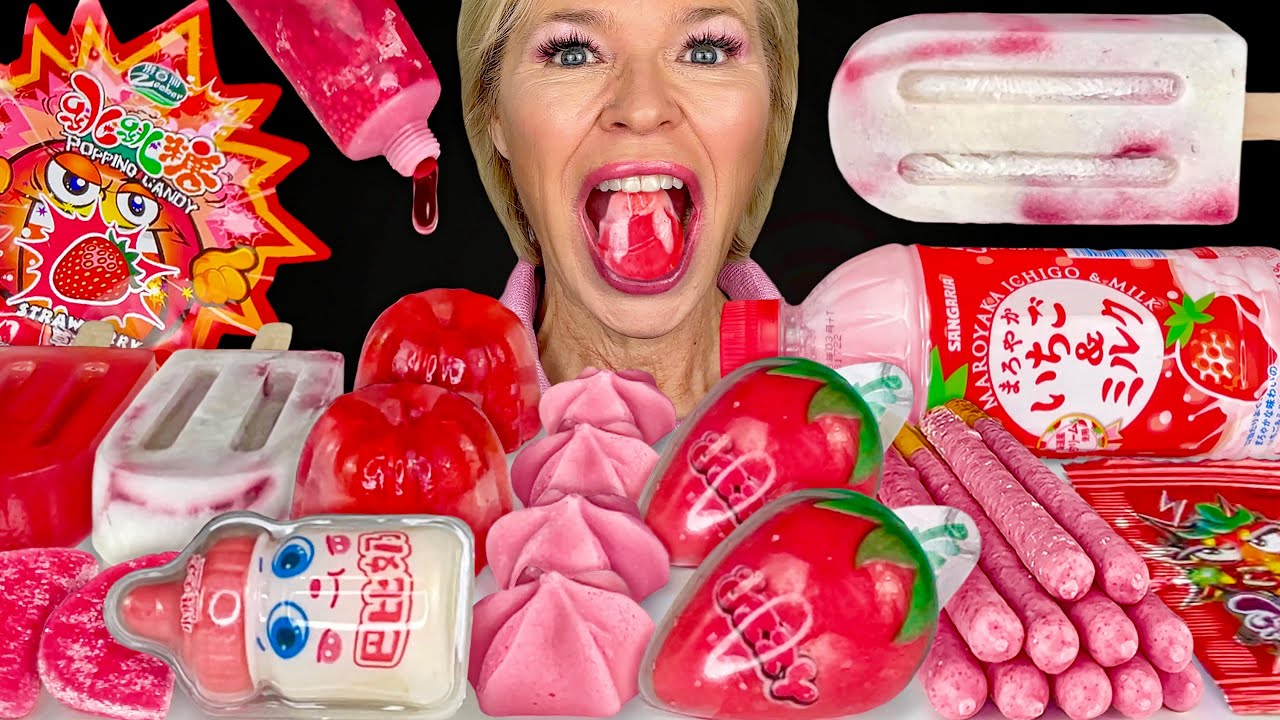 ASMR Strawberry Desserts Mukbang, Japanese Sangaria Soft Milk, Jelly Popsicle, Hunnibee Mom