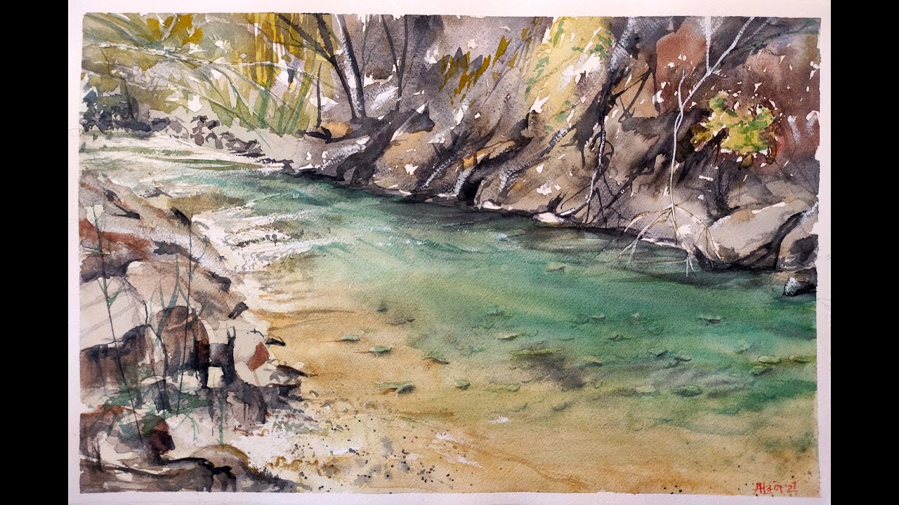 ACQUERELLO TORRENTE ALPINO tutorial come dipingere acqua e fiume WATERCOLOR how to paint river water