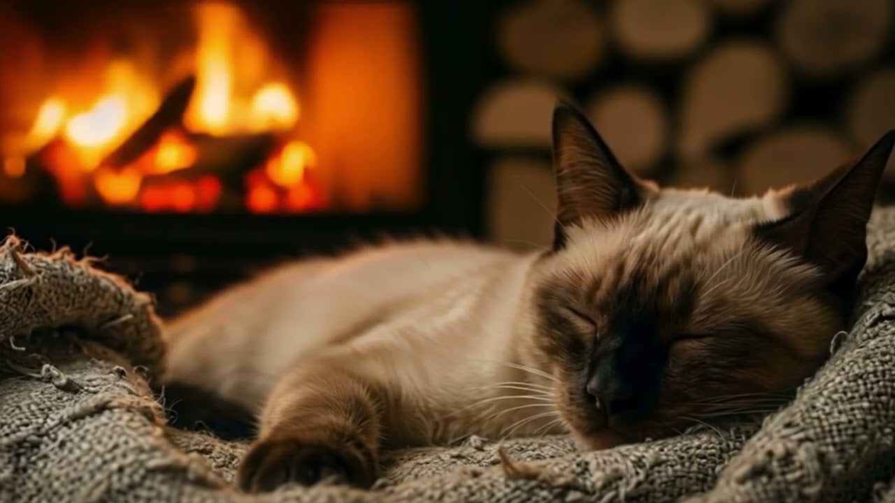 Cat Sleeping & Purrin by the Fireplace | 9H 4K