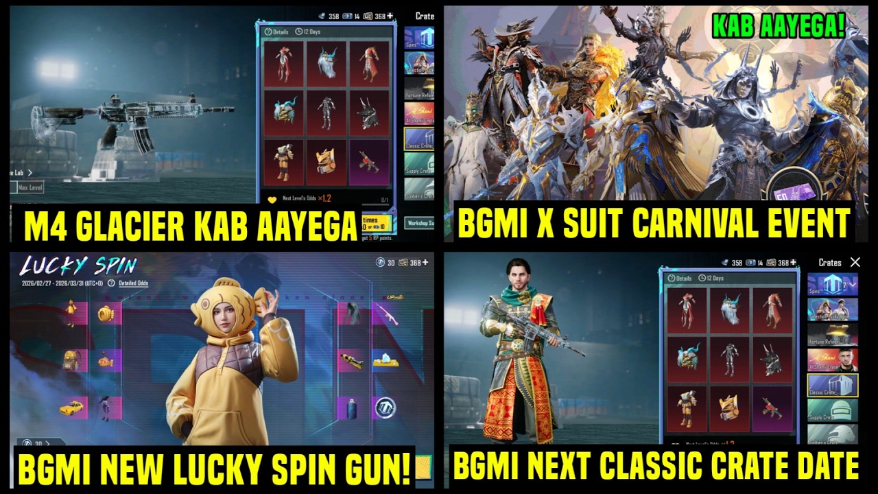 BGMI NEXT CLASSIC CRATE 🔴 BGMI NEXT LUCKY SPIN UPGRADE GUN 🔴 X SUIT CARNIVAL M4 GLACIER KAB AAYEGA