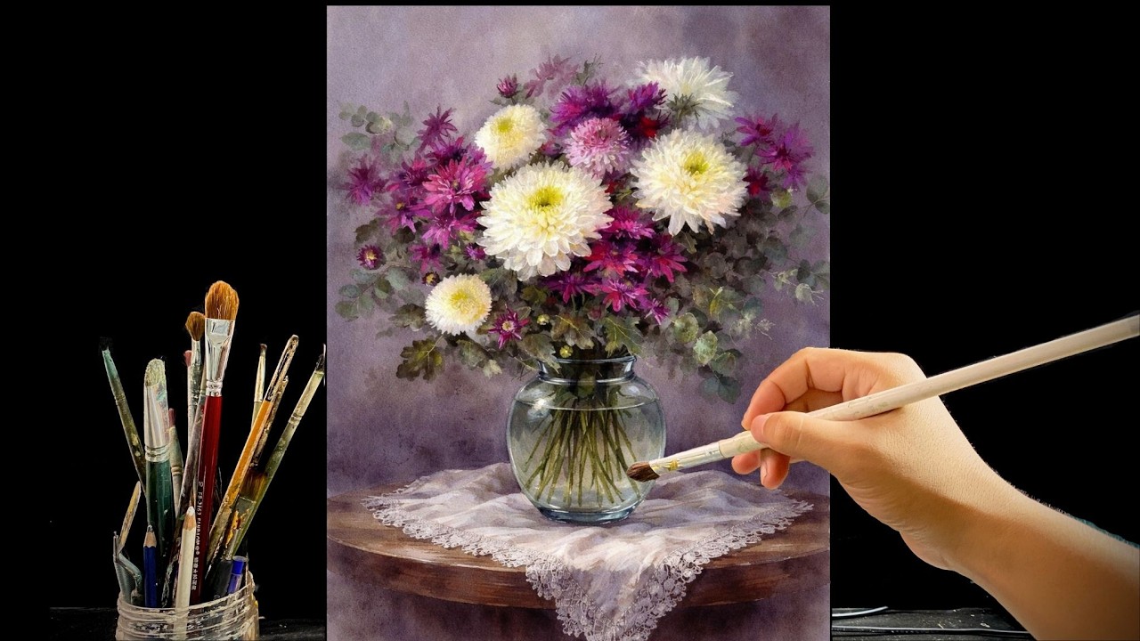 🎨 Painting White & Purple Chrysanthemum in a Glass Vase | Relaxing Acrylic Painting | #158