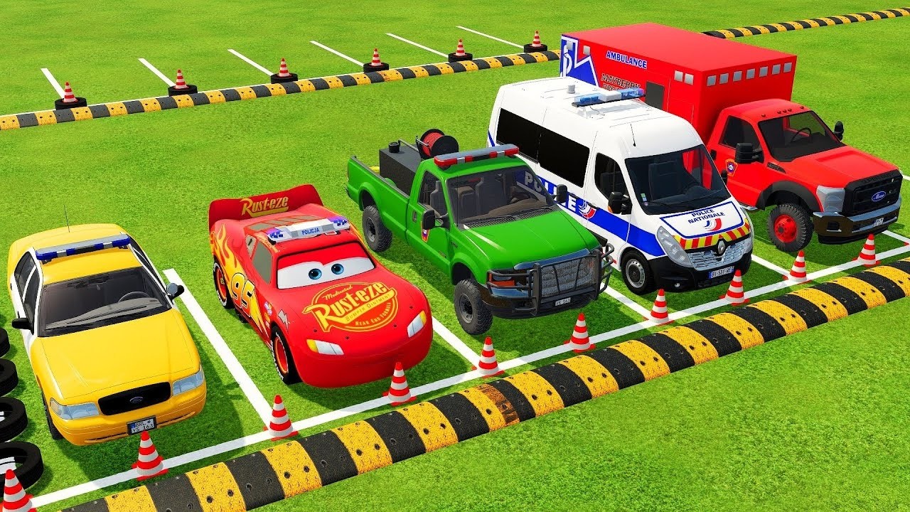 Copy of DACIA, MCQUEEN CAR, FORD POLICE CARS, AMBULANCE EMERGENCY TRANSPORTING WITH TRUCKS ! FS22 09