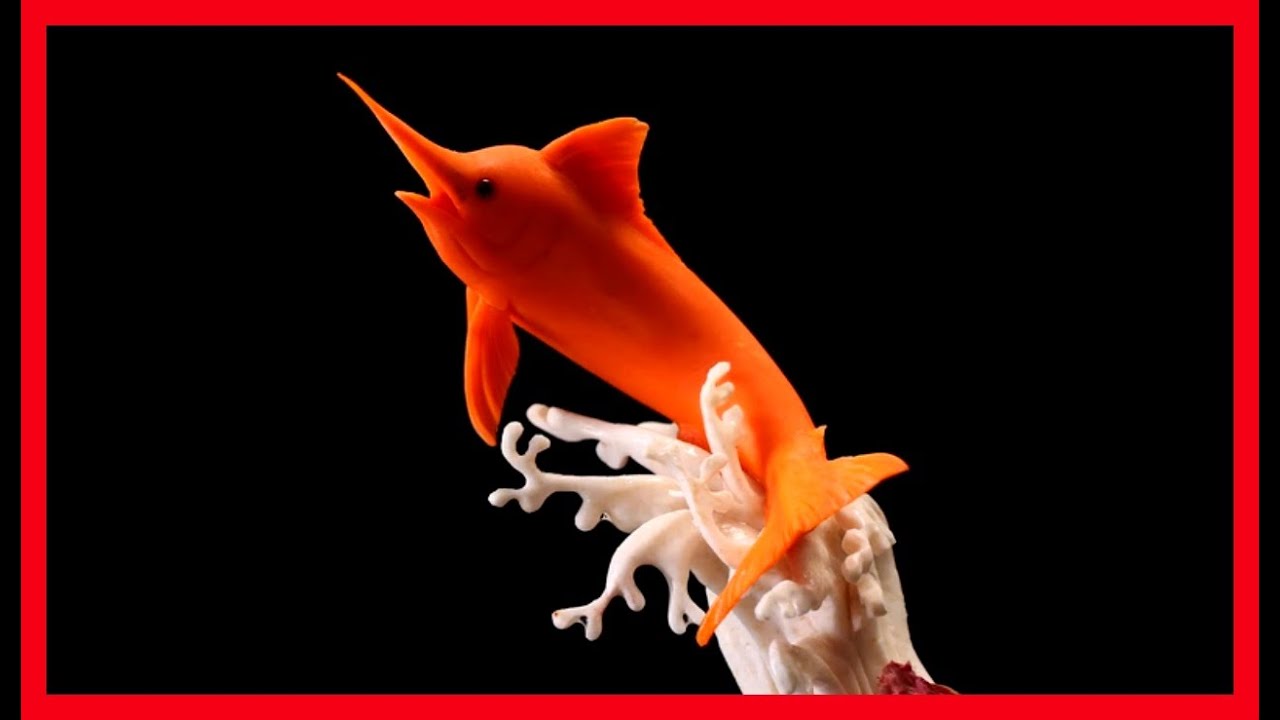 Art carvings of fruits and vegetables. sculpture swordfish.