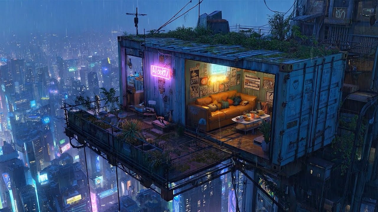 Night Rain Lo-fi from a Distant High-Rise Trailer | Mellow Beats to Calm Your Soul | 4K