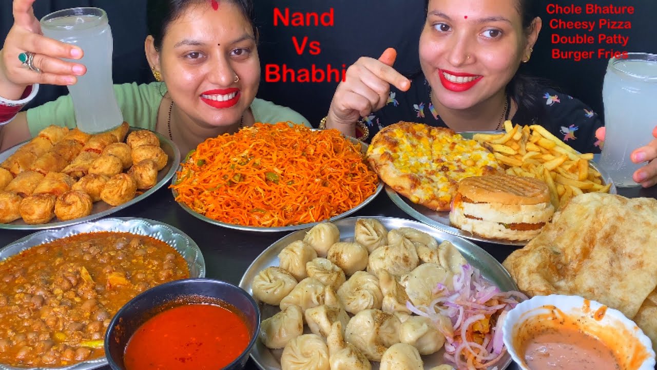 Eating Spicy 🔥 Chole Bhature, Chowmin, Paneer Momo, Pizza , Burger, Spring Roll, Fried Momo, Fries