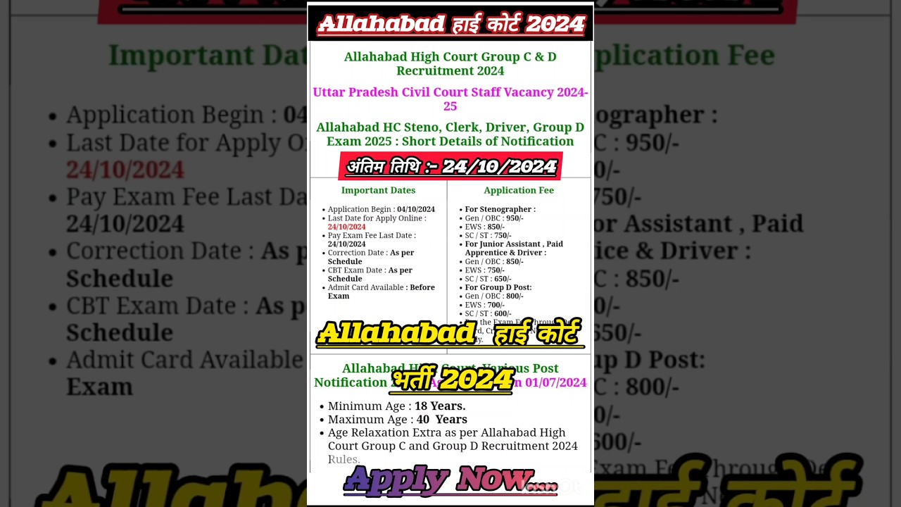 ALLAHABAD HIGH COURT GROUP D NEW VACANCY 2024 | ALLAHABAD HIGH COURT NEW VACANCY 2024 | AHC VACANCY