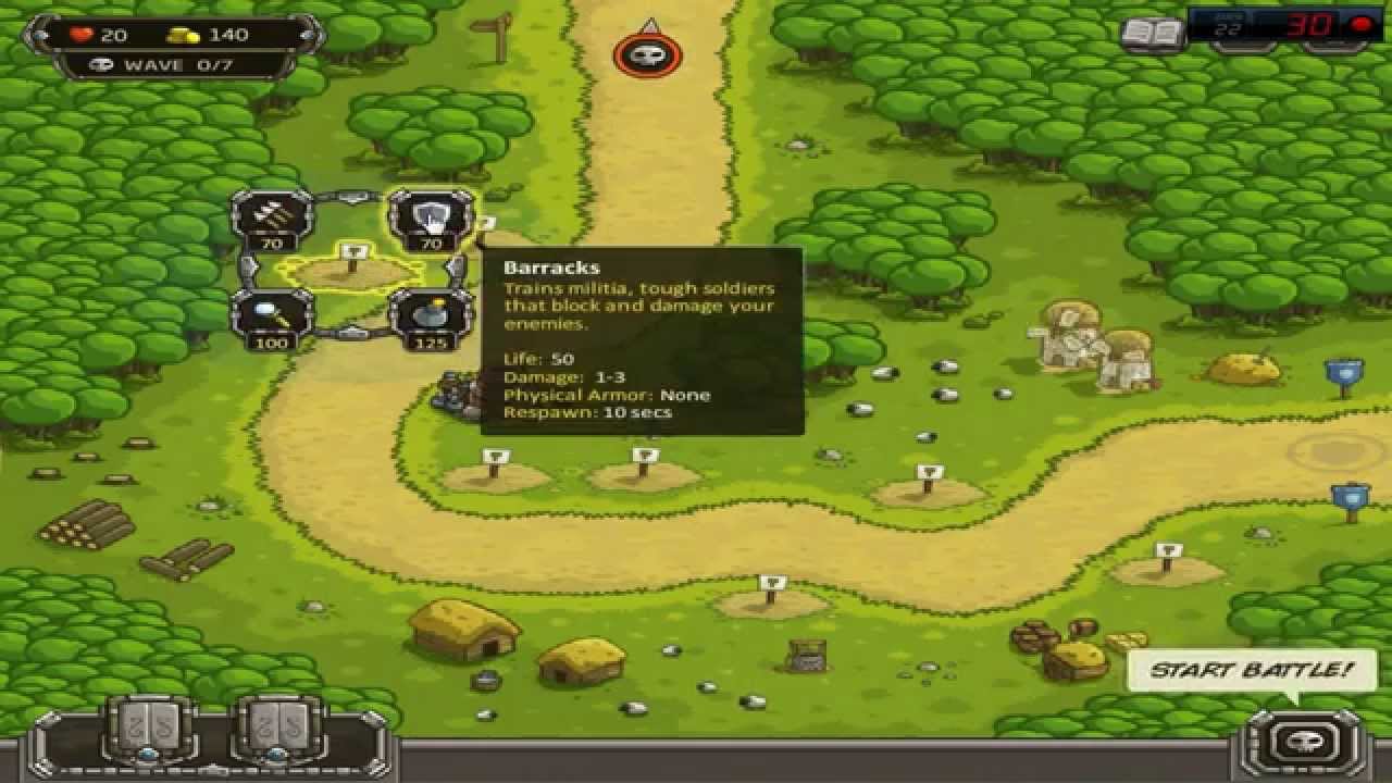 Kingdom Rush walkthrough #1 [PC] (hard difficulty, no Hero, no Bonus): Level 1