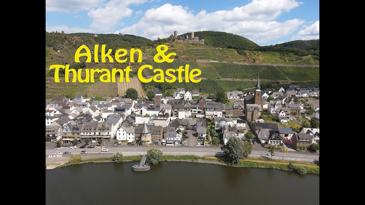 4K bird's view video of the beautiful town of Alken and its Thurant Castle, Germany