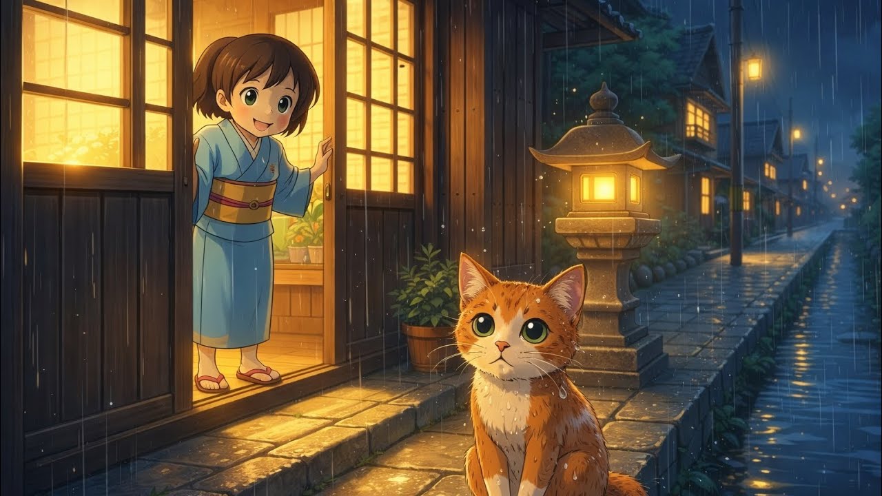 Heartwarming Rainy Night | A Lost Cat Finds a WarmHome 🐱🌧️ | Ghibli Style Animation