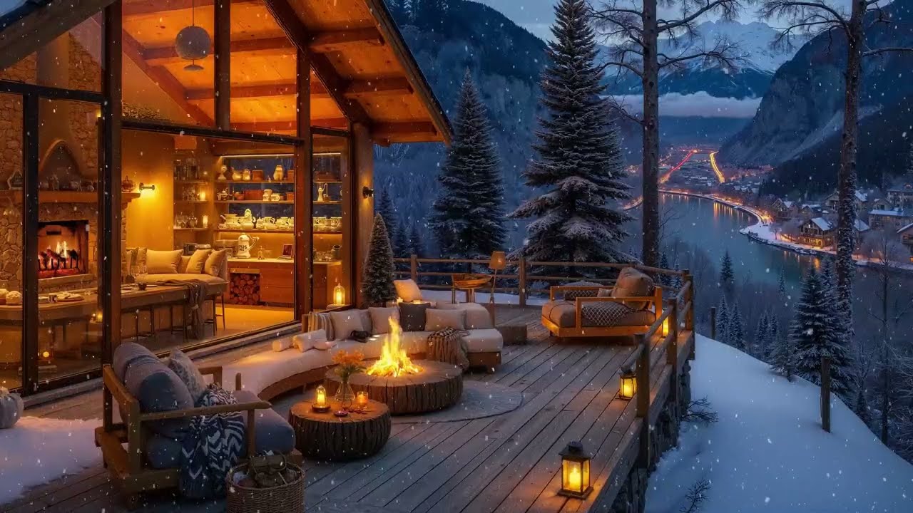 Snowy Cabin Retreat ❄️ Soft Jazz Music & Warm Firelight for Sleeping, Reading, and Focus