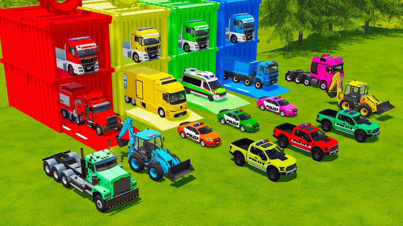 TRANSPORTING ALL EMERGENCY VEHICLES, POLICE CARS, BACKHOE LOADER AND DUMP TRUCK TO GARAGE - FS22