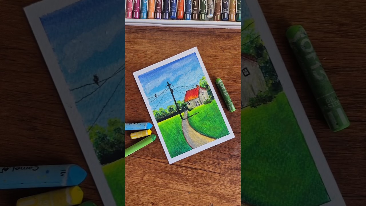 🌿 Peaceful Village Scenery Drawing with Oil Pastels | Easy Step by Step #village #scenery #shorts
