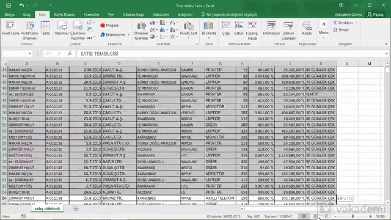Microsoft Excel'de  &Ouml;zet Tablo (Pivot Table) ile Veri Analizi ve Raporlama -  &Ouml;zet Tablo Oluşturmak