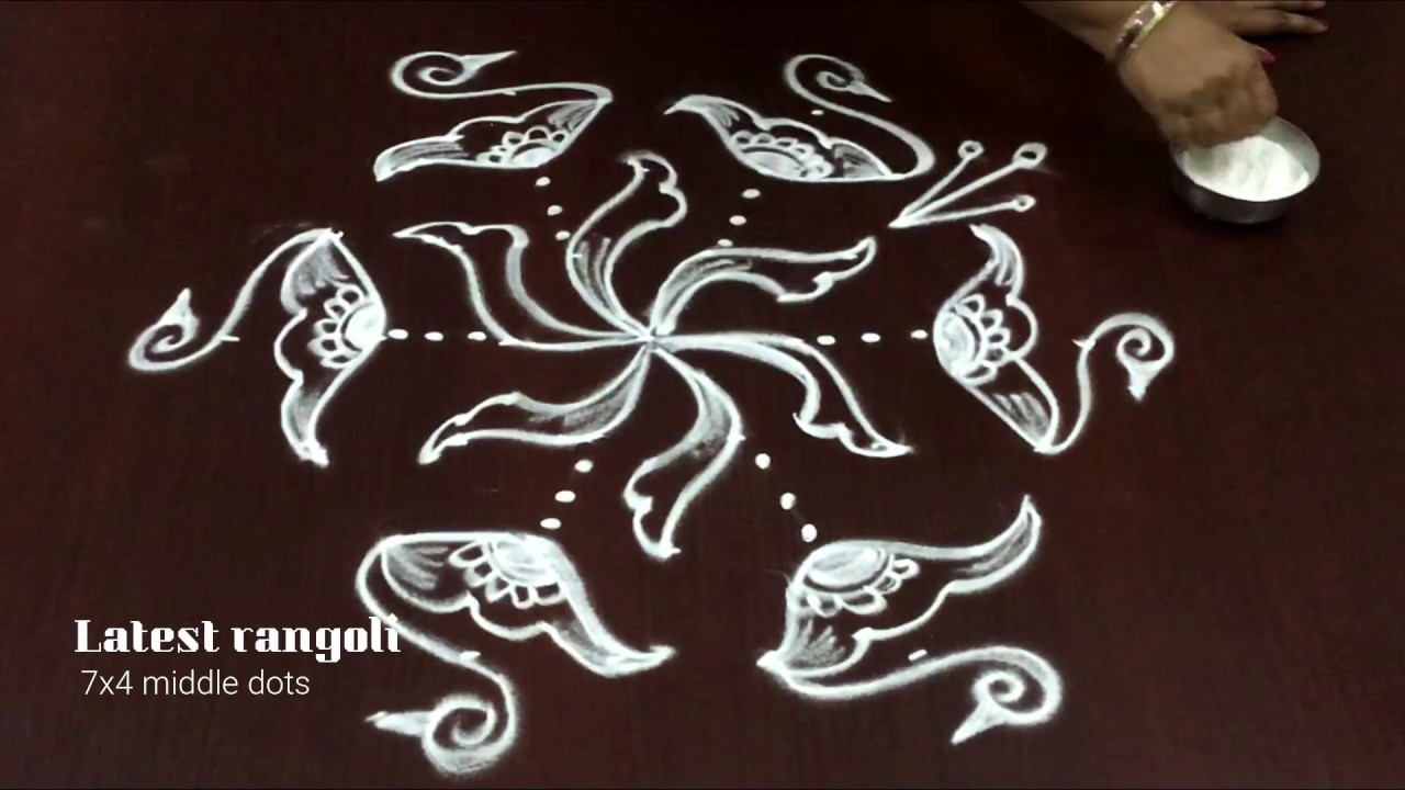 latest swan rangoli design with 7x4 middle dots || creative rangoli designs || simple kolam