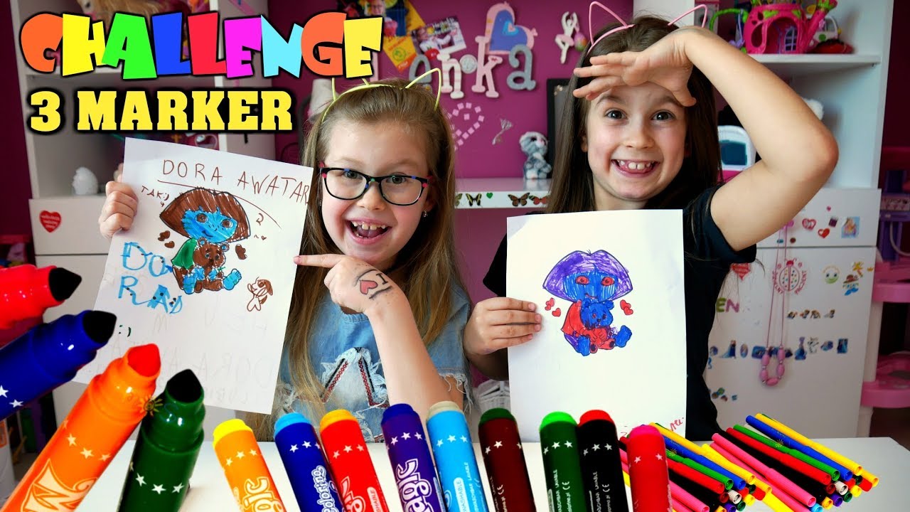 ROZWALIŁAM KRZESŁO XD :) 3 MARKER CHALLENGE Z KOLEŻANKĄ * malujemy Barbie, Dora poznaje świat *