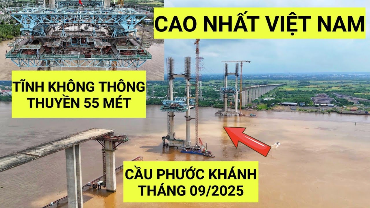 Tiến độ mới nhất Cầu Phước Khánh cao nhất Việt Nam tháng 9/2025 chuẩn bị kéo cáp dây văng số 02