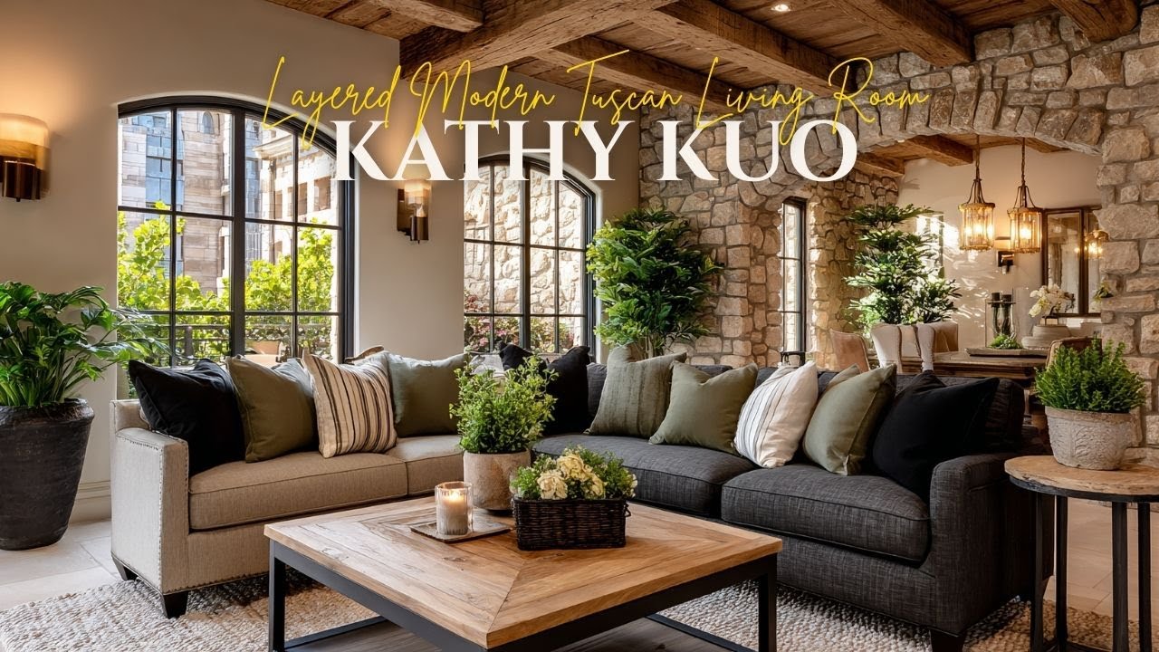 Layered Modern Tuscan Living Room with Kathy Kuo Home   Olive Green & Raw Elegance