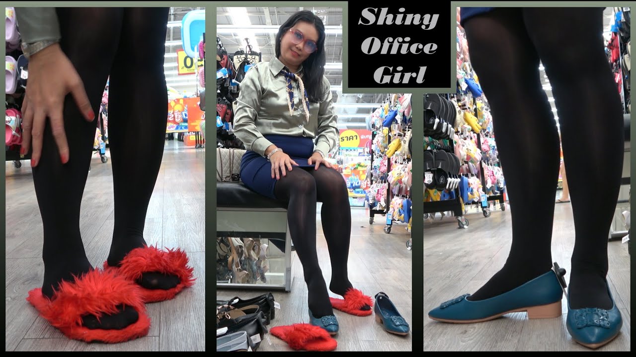Shiny Tights Office Girl Goes Shoe Shopping in Satin Blouse and Fluffy Slippers