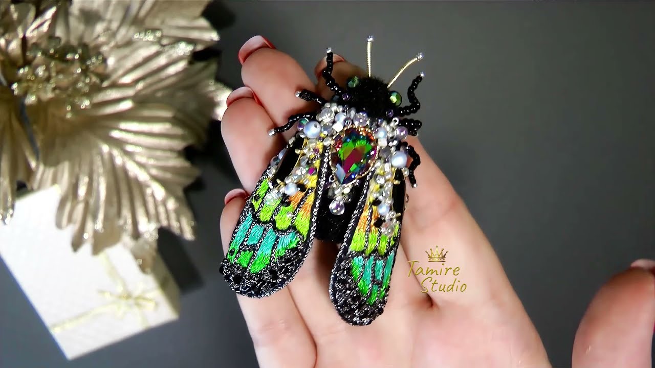 BUY CICADA brooch, Green brooch pin insect, Jewelry for woman, Embroidered butterfly. TamireStudio