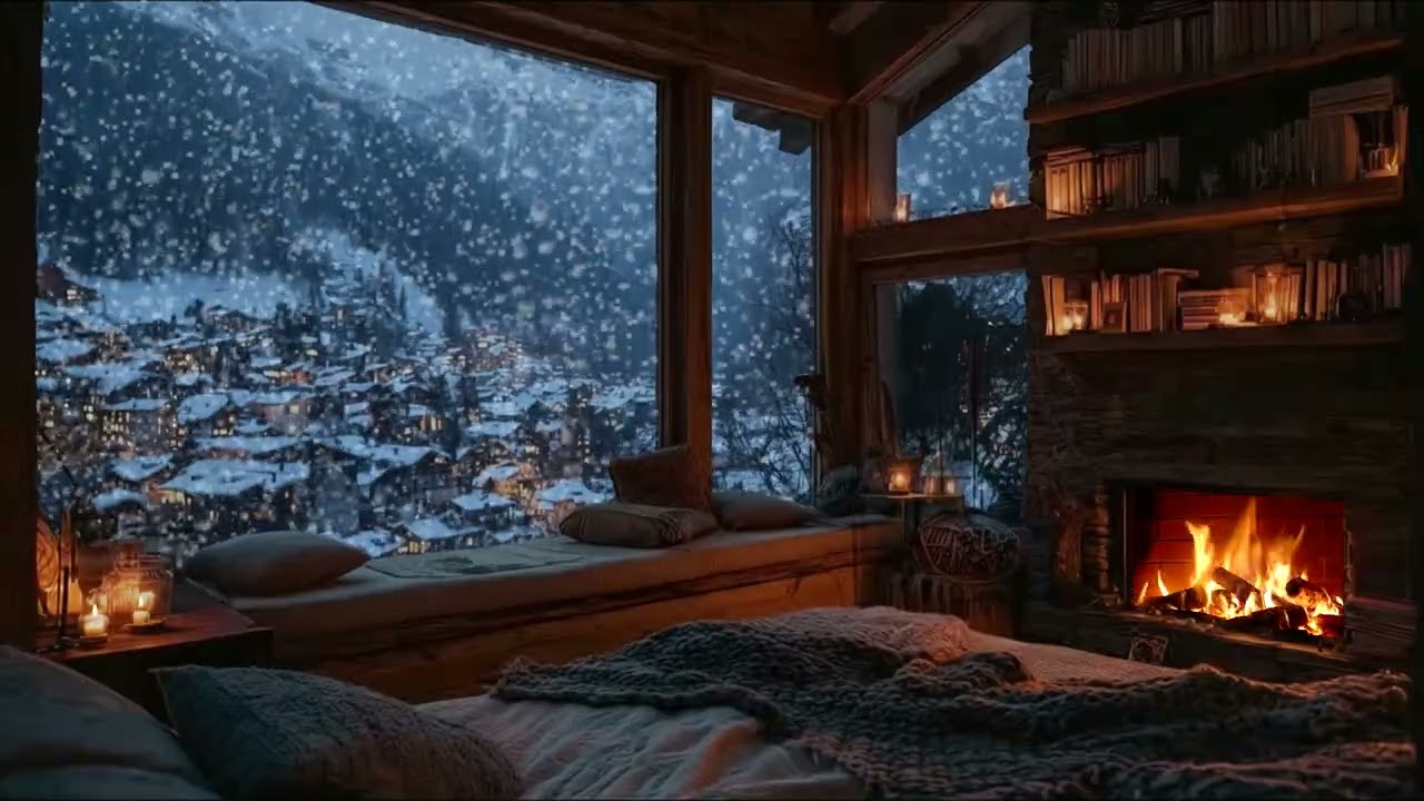 Winter Cabin Ambience ❄️ White Noise, Crackling Fire & Snowfall for Peaceful Sleep